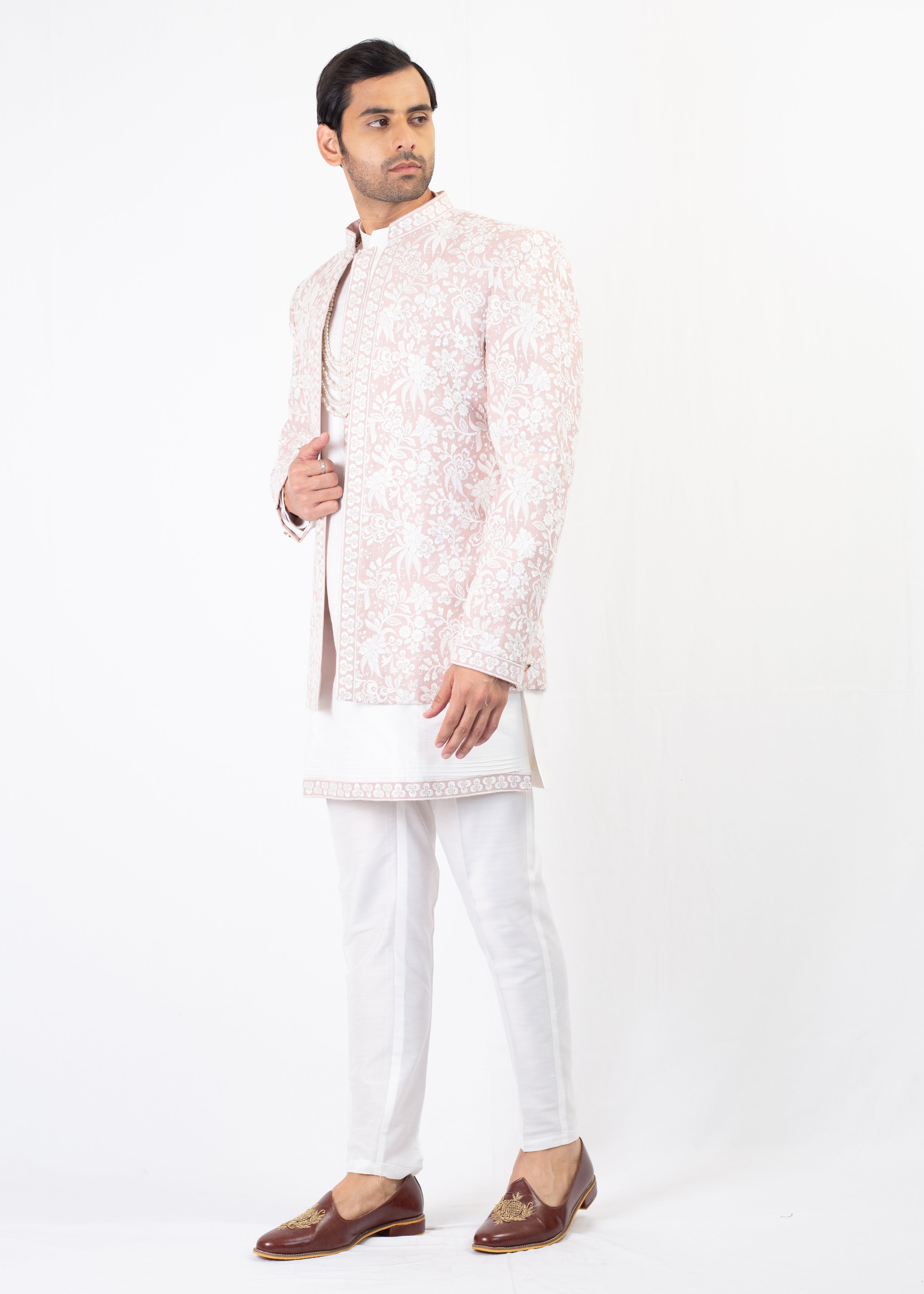 ELEGANT PEACH EMBROIDERY WAISTCOT WITH KURTA AND TROUSER