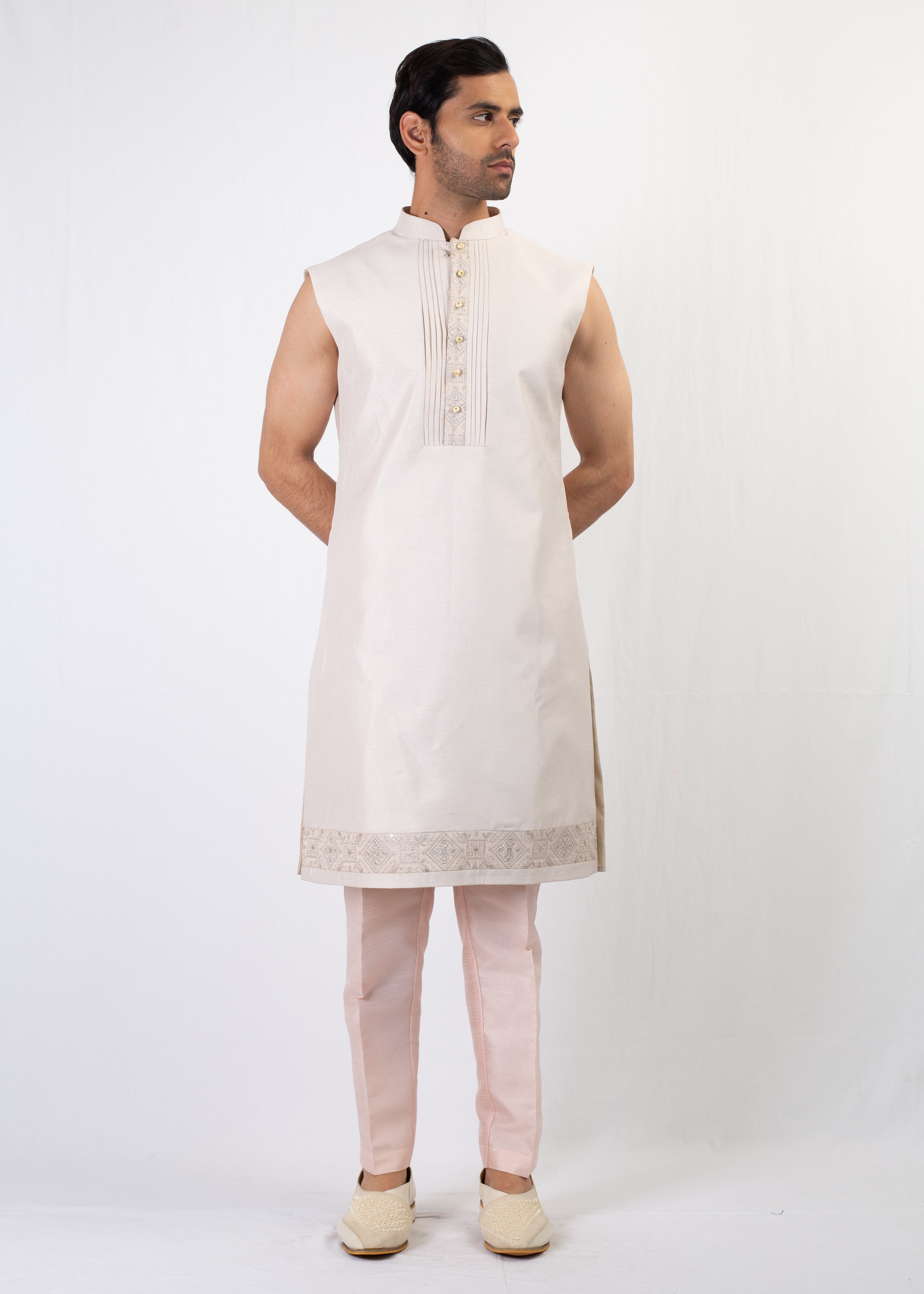 LIGHT GOLD EMBROIDERY SHERWANI & KURTA  WITH TROUSER