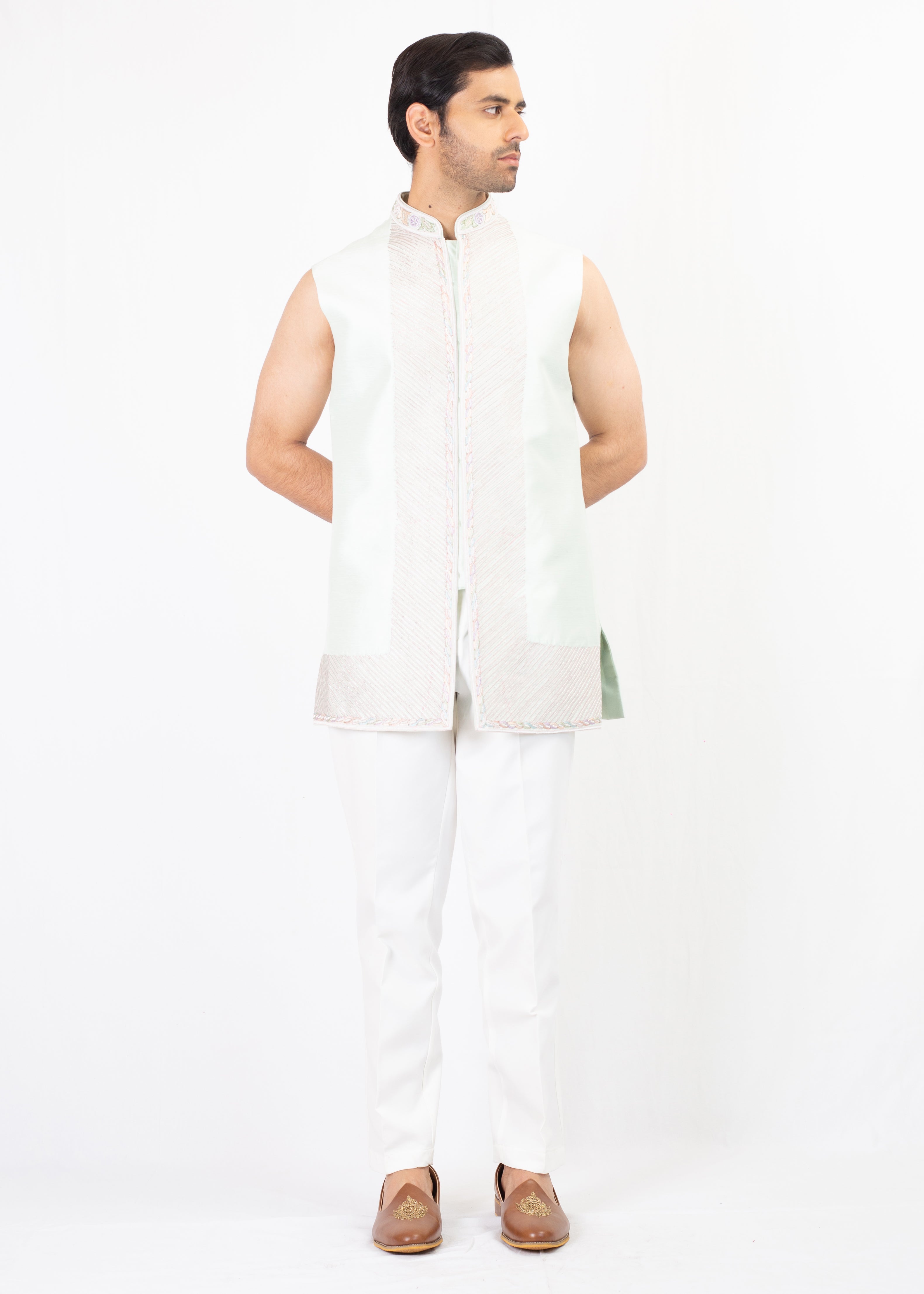 MINT GREEN EMBROIDERY BLAZER AND KURTA WITH TROUSER