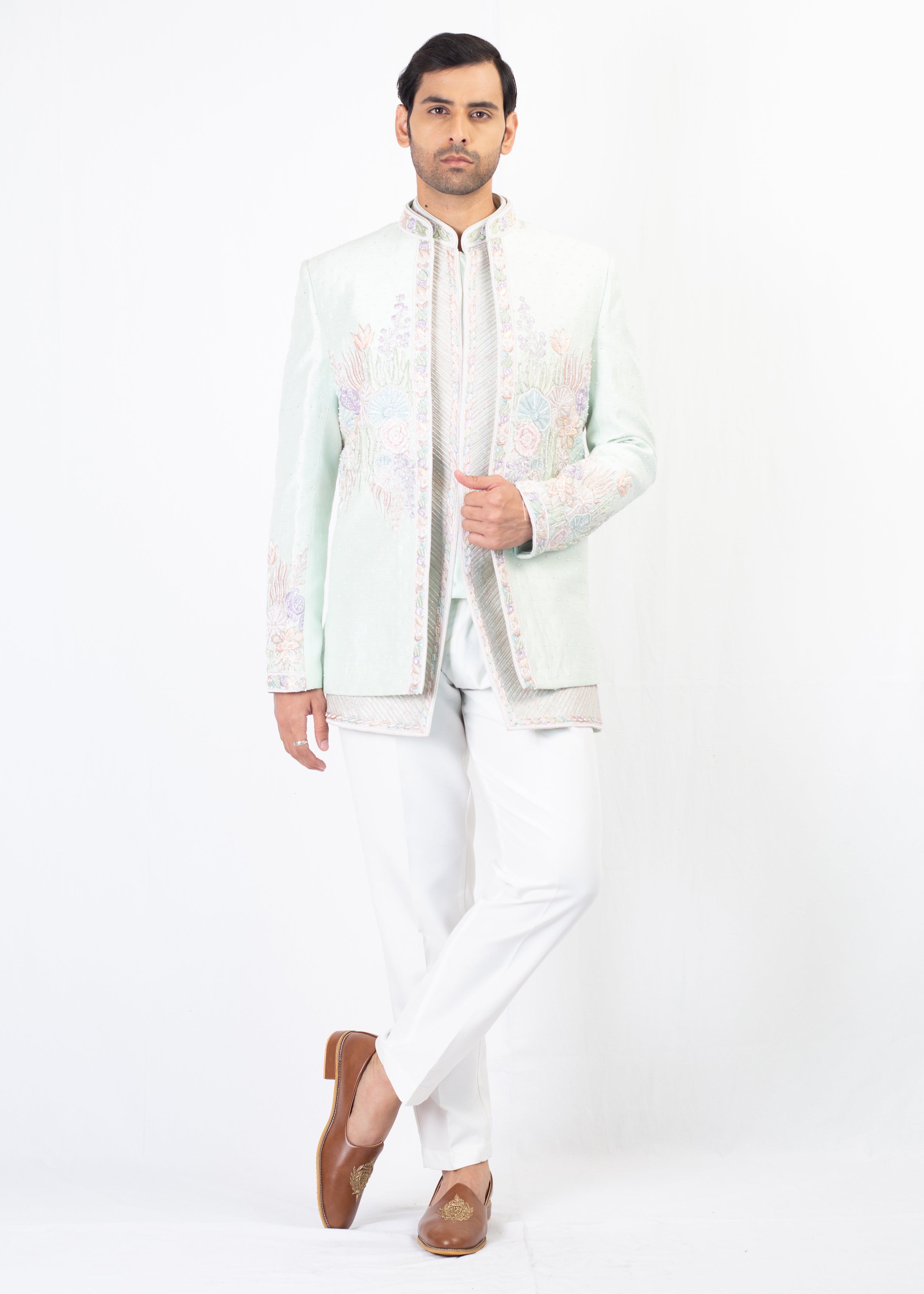 MINT GREEN EMBROIDERY BLAZER AND KURTA WITH TROUSER