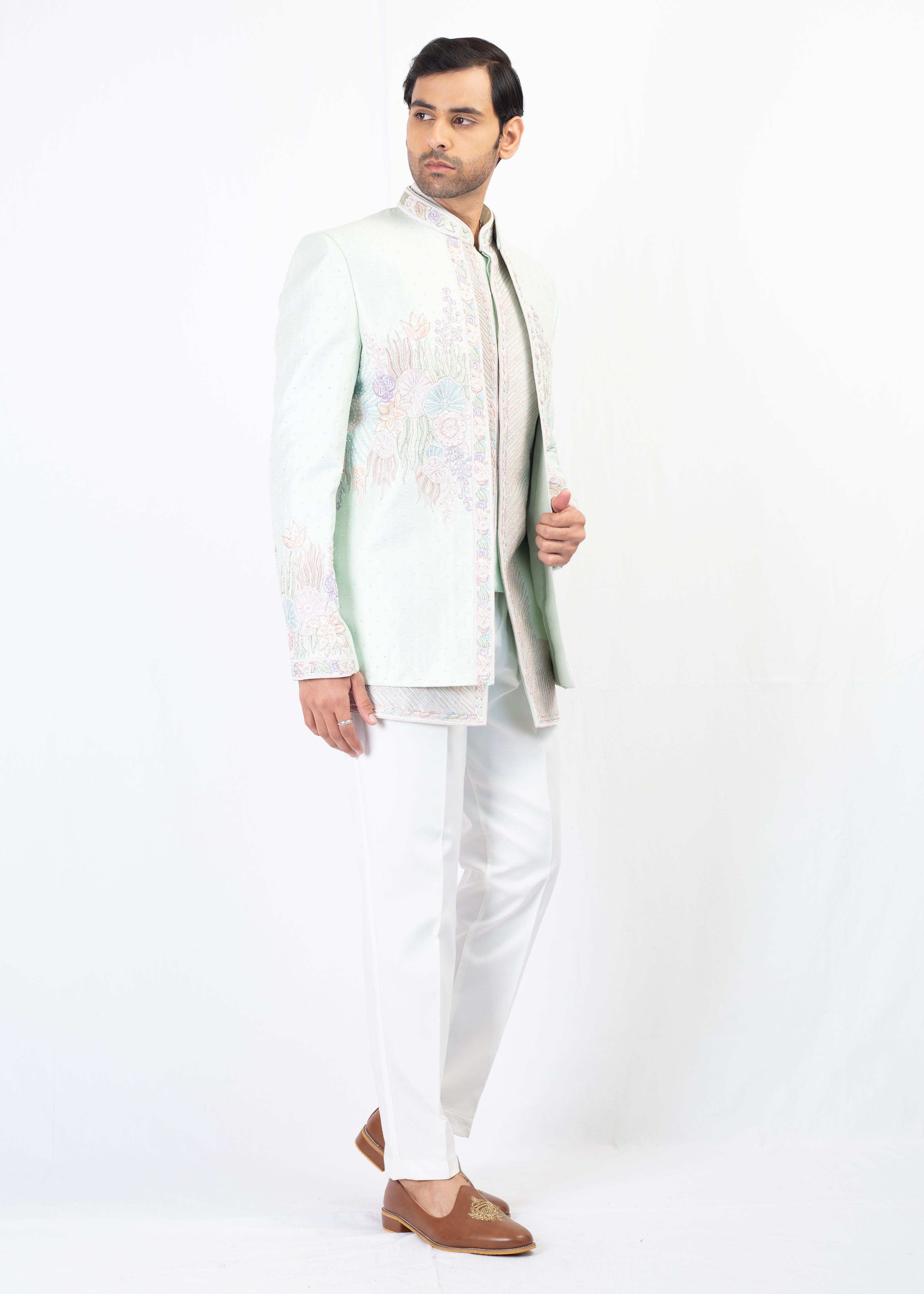 MINT GREEN EMBROIDERY BLAZER AND KURTA WITH TROUSER