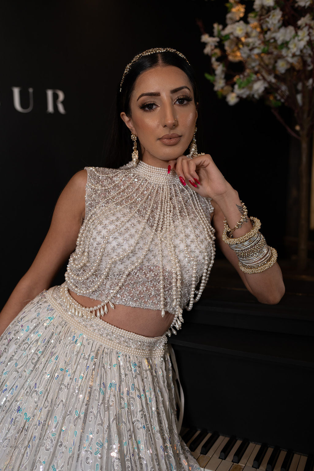 Pearl Hand Embroidery Top with Embroidered lehenga