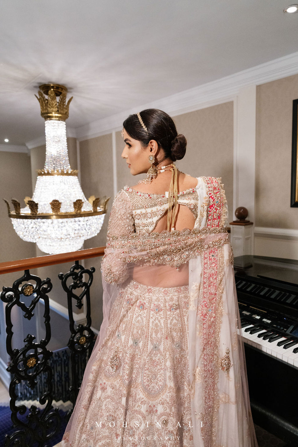 White Bridal Lehenga With Dupatta Veil Mongas