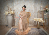 Nude Hand Embroidered Saree With Feathers
