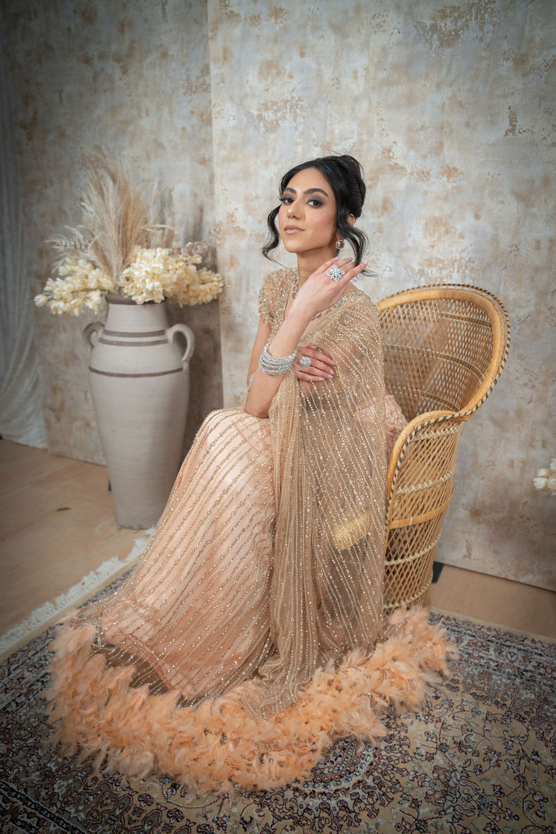 Nude Hand Embroidered Saree With Feathers