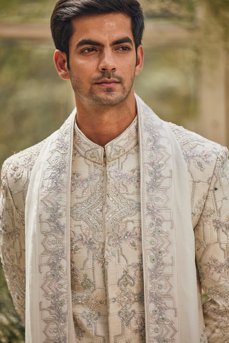 ELEGANT IVORY SHERWANI WITH TROUSER AND PALLA