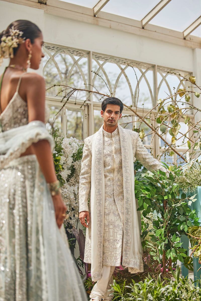 ELEGANT IVORY SHERWANI WITH TROUSER AND PALLA
