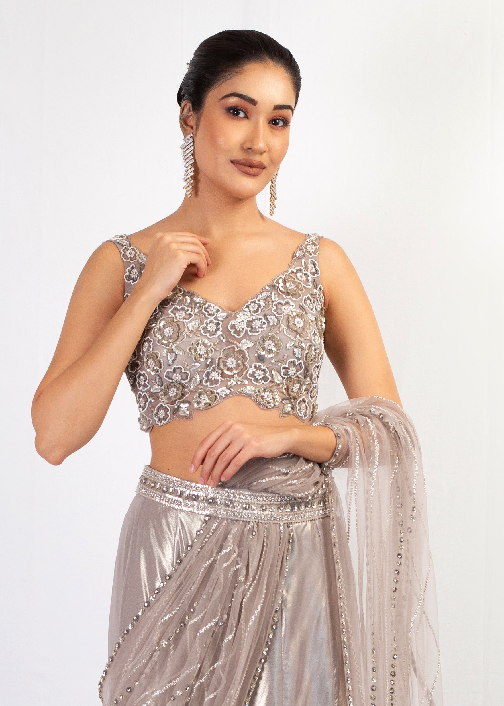 GREY GEORGETTE STITCHED SAREE WITH EMBROIDERED TOP