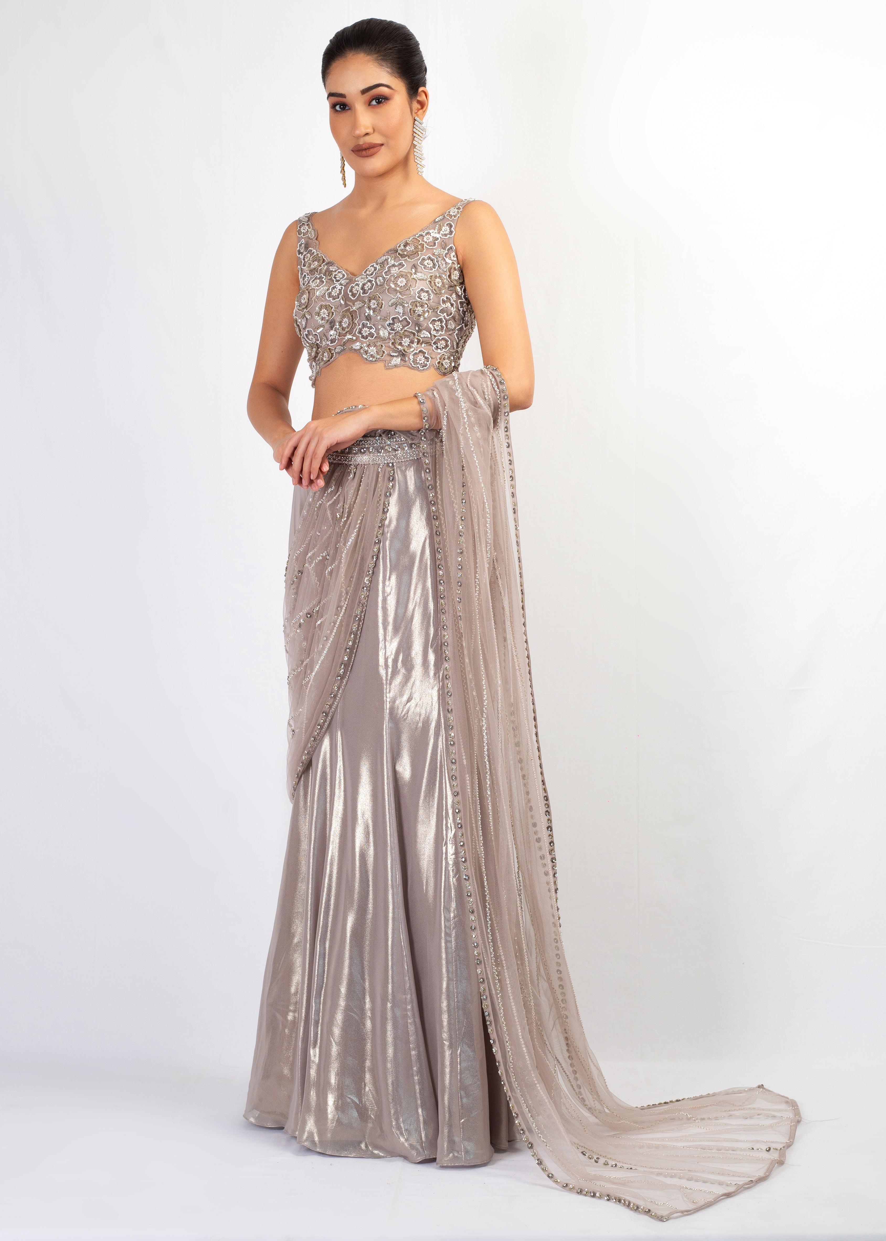 MOUSE GEORGETTE STITCHED SAREE WITH EMBROIDERED TOP