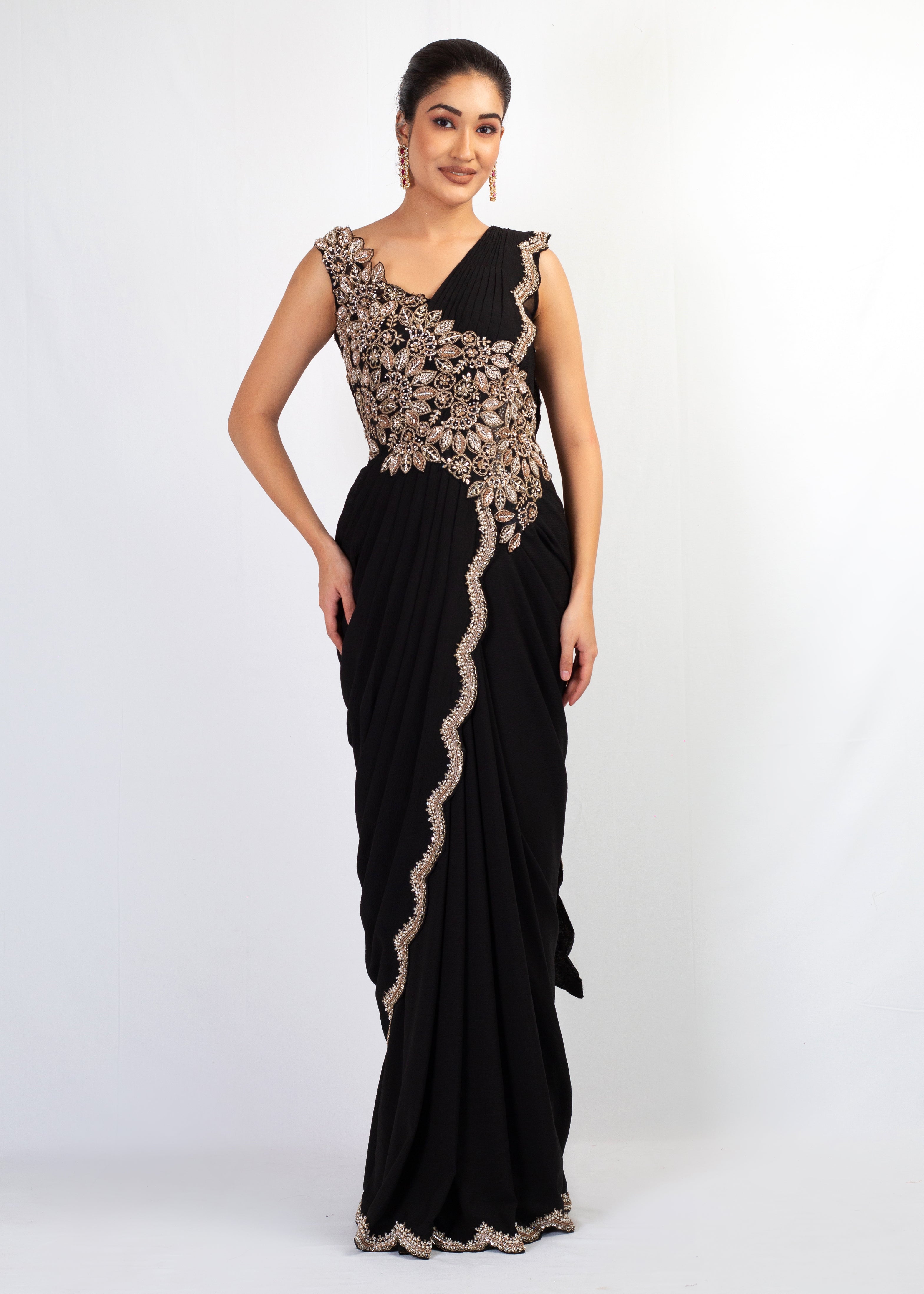 STYLISH BLACK EMBROIDERED DRAPE SAREE