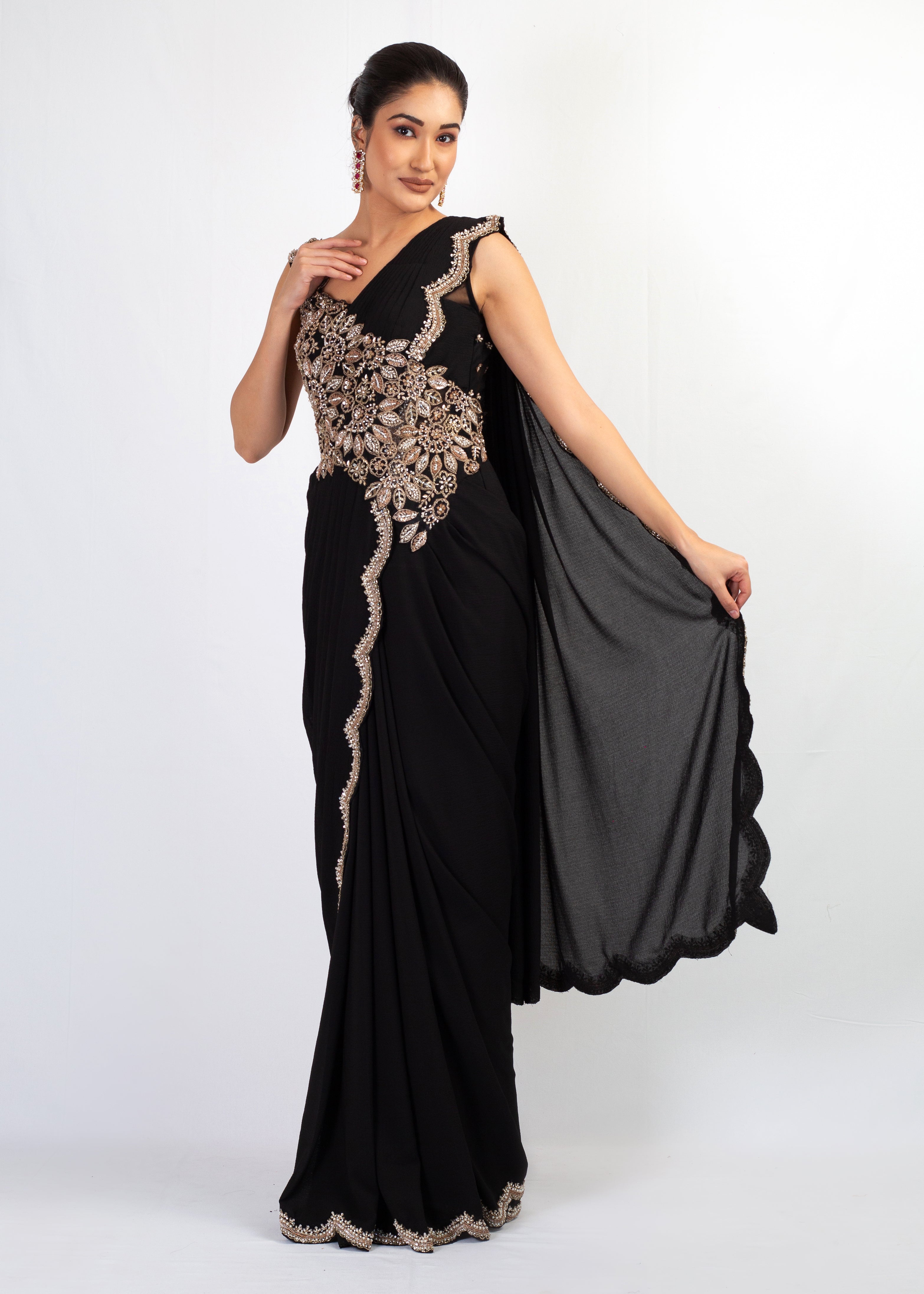 STYLISH BLACK EMBROIDERED DRAPE SAREE