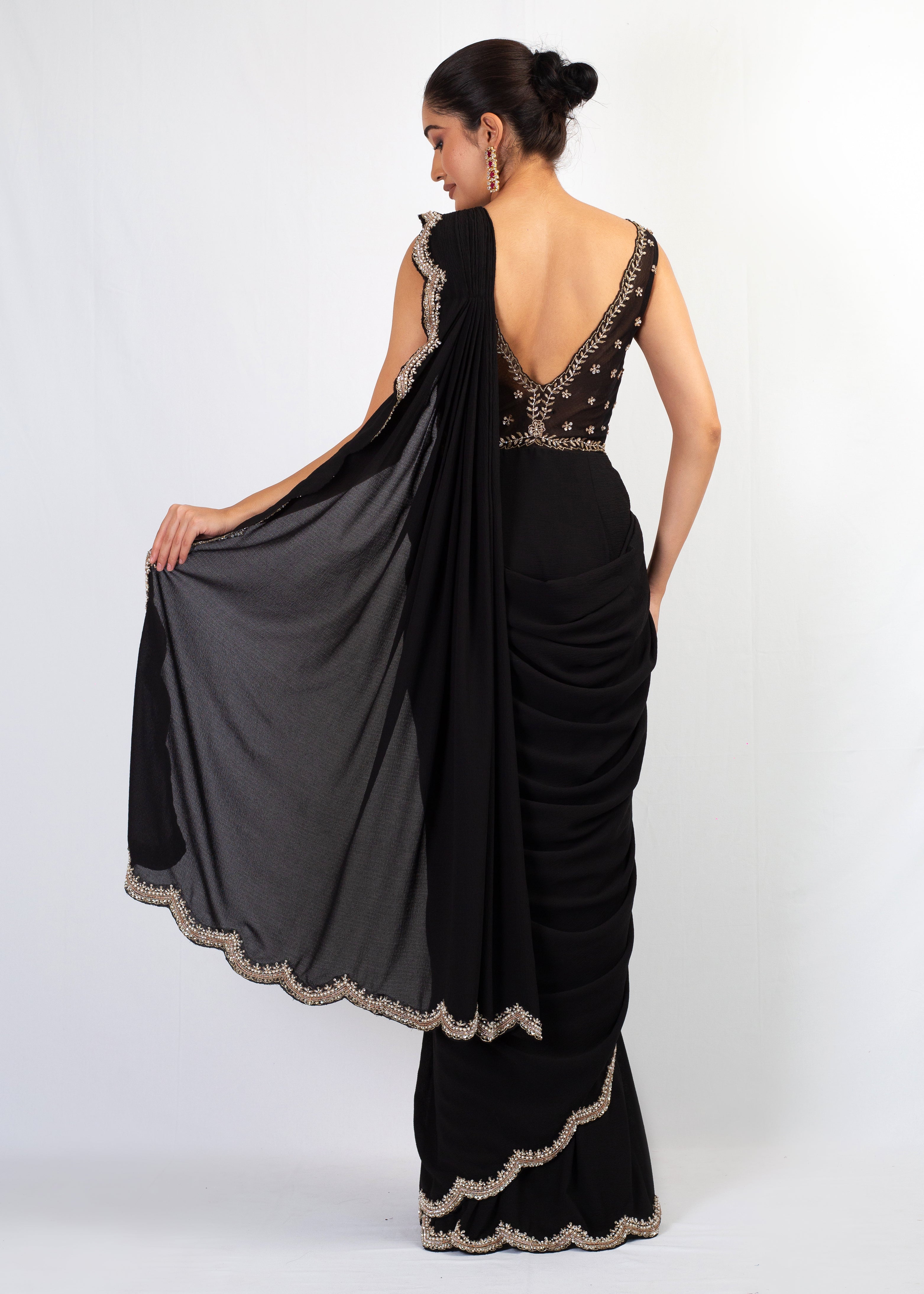 STYLISH BLACK EMBROIDERED DRAPE SAREE