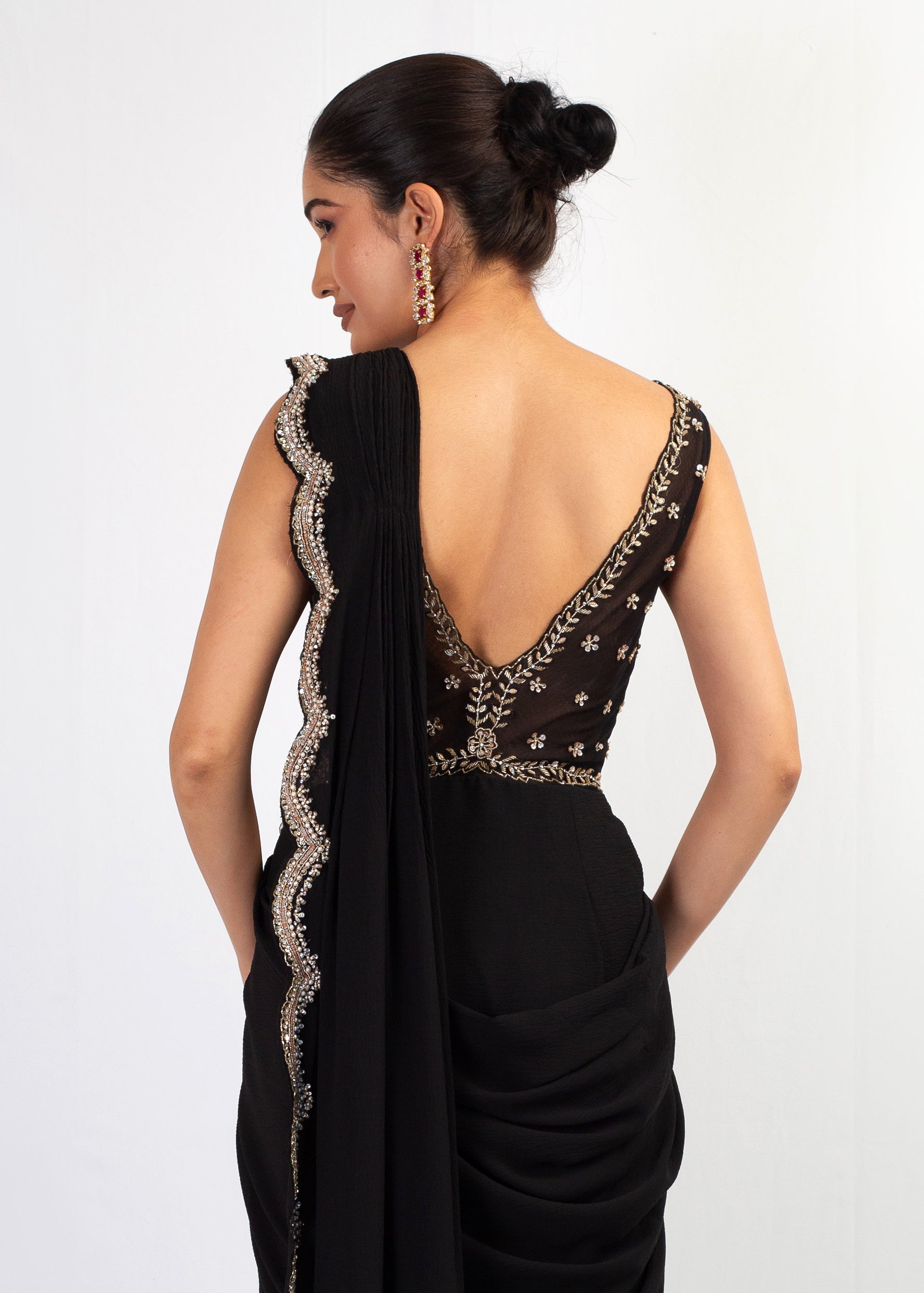 STYLISH BLACK EMBROIDERED DRAPE SAREE