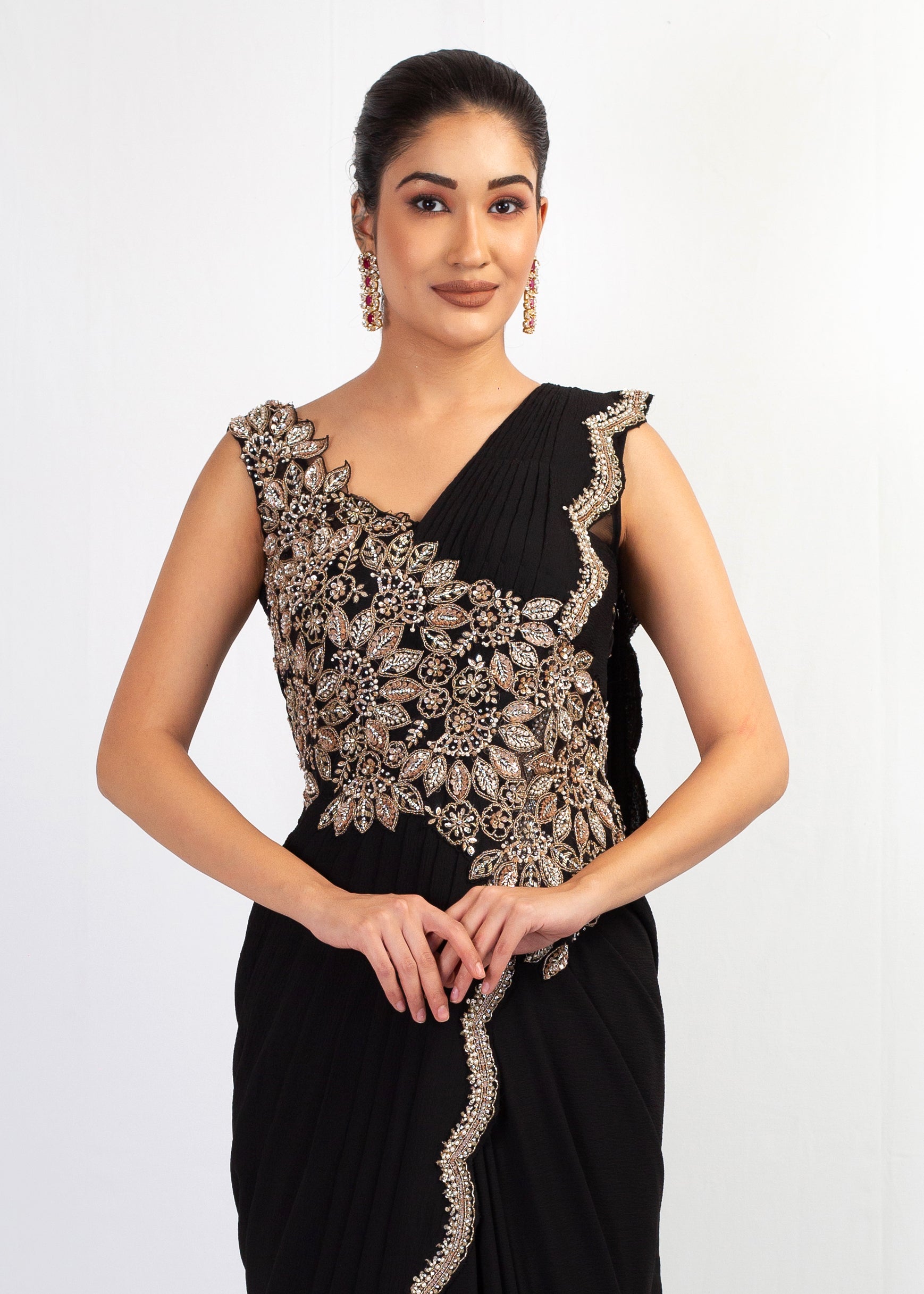 STYLISH BLACK EMBROIDERED DRAPE SAREE