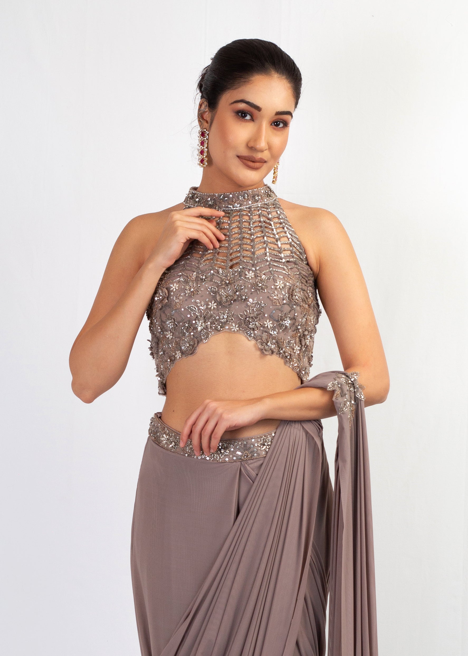 STYLISH GREY STITCHED SAREE WITH HALTER TOP