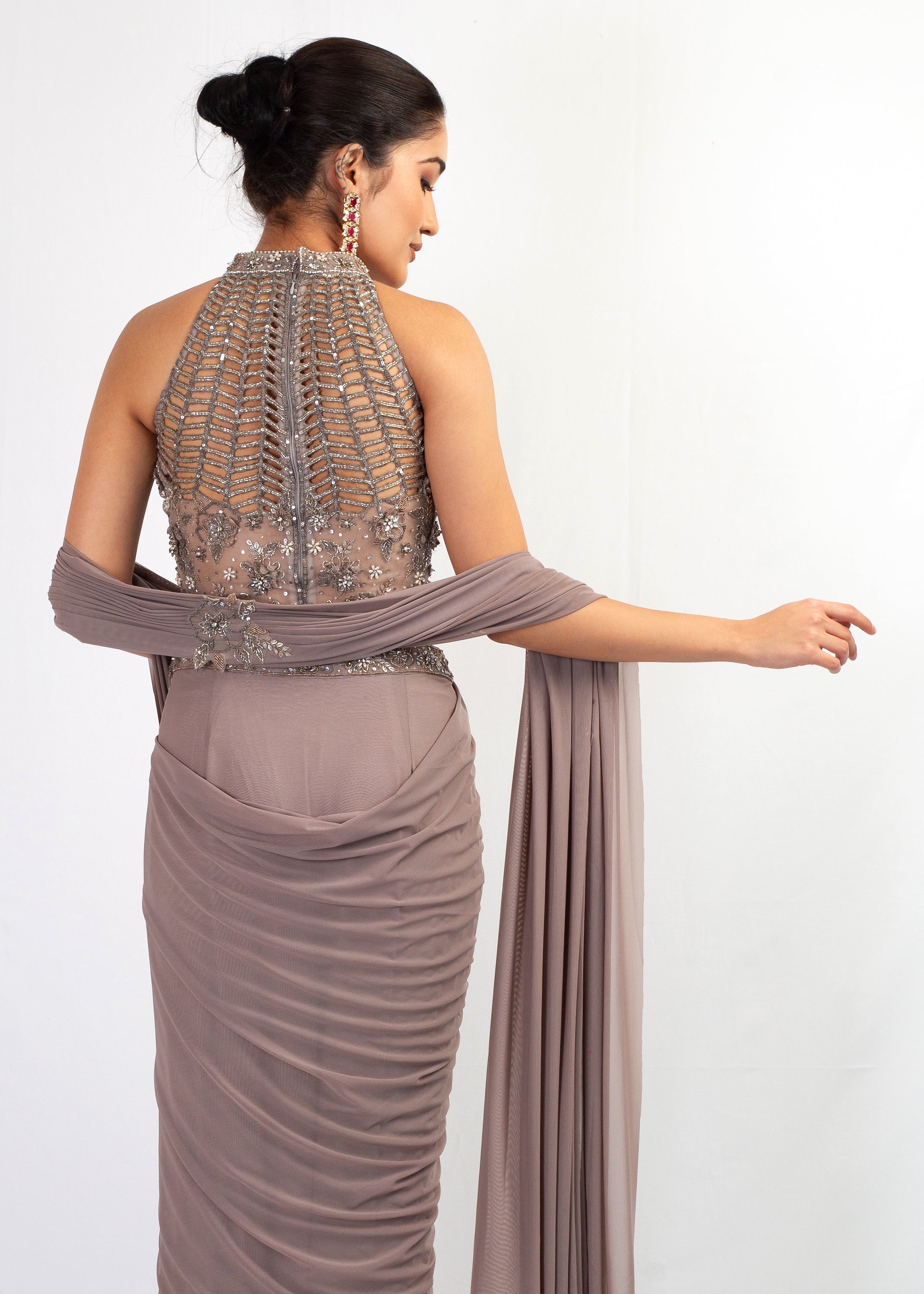 STYLISH GREY STITCHED SAREE WITH HALTER TOP