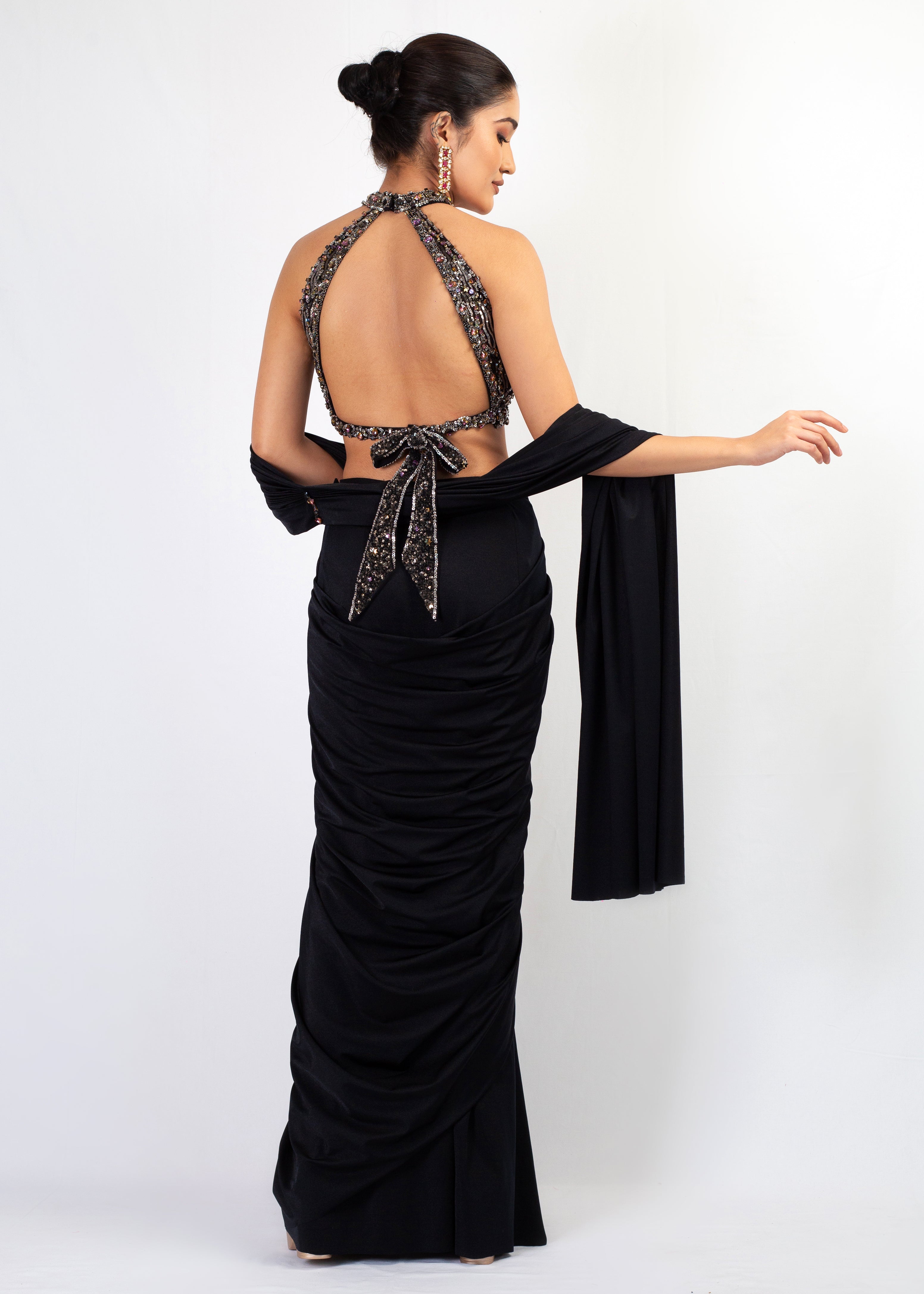 STYLISH BLACK STITCHED SAREE WITH HALTER TOP