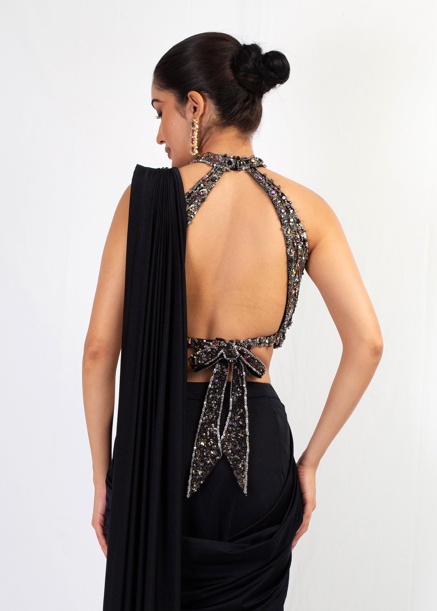 STYLISH BLACK STITCHED SAREE WITH HALTER TOP