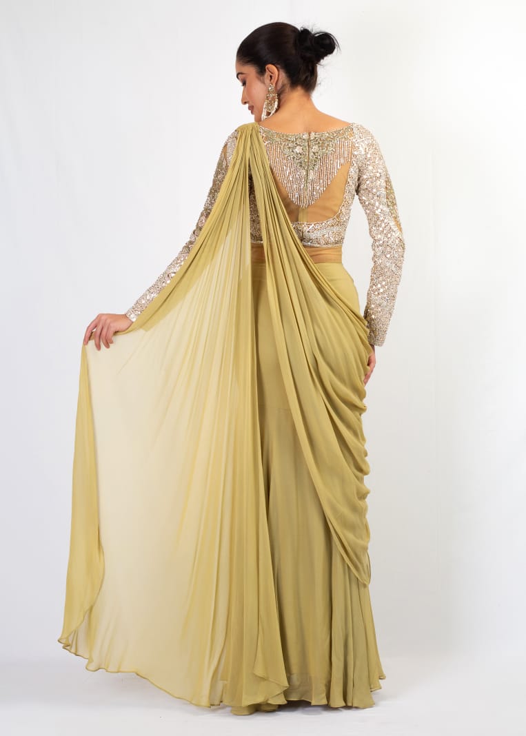 ELEGANT OLIVE EMBROIDERY TOP WITH DRAPE SAREE