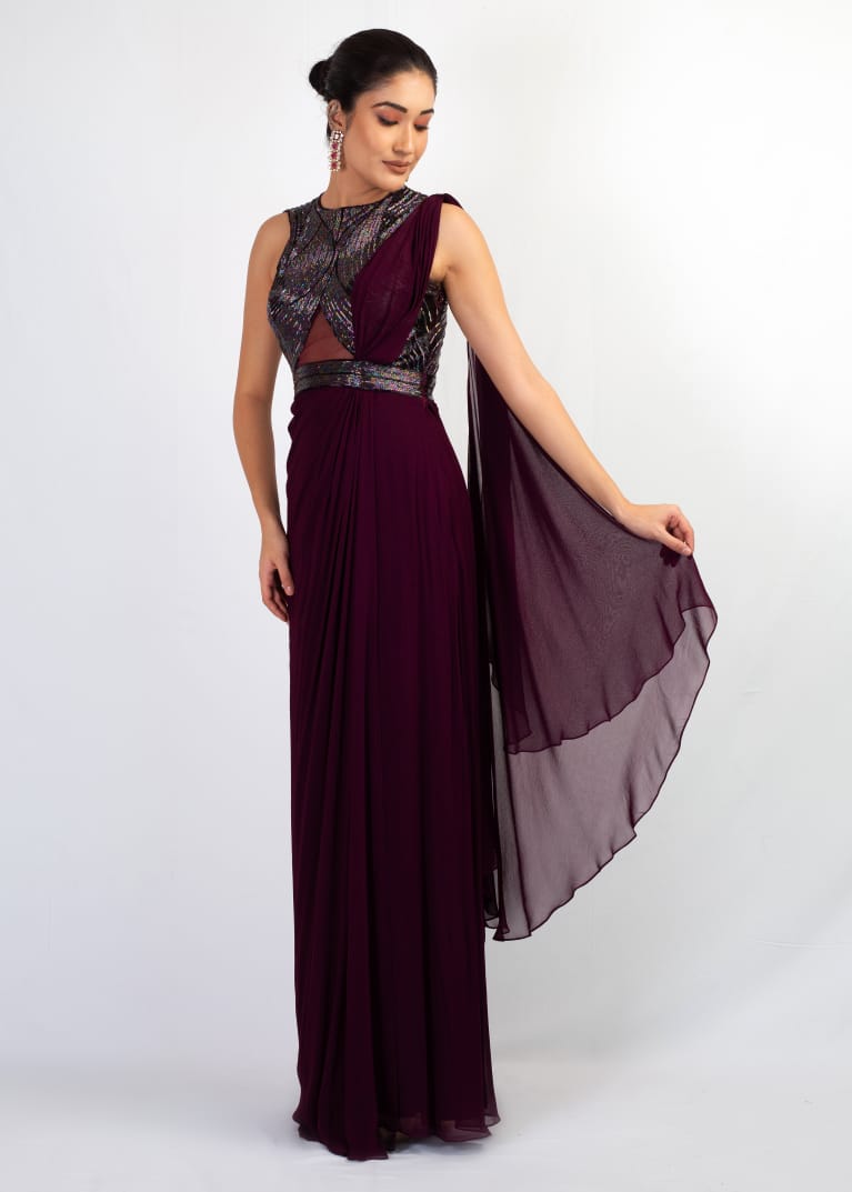 ELEGANT WINE EMBROIDERY TOP WITH DRAPE SAREE