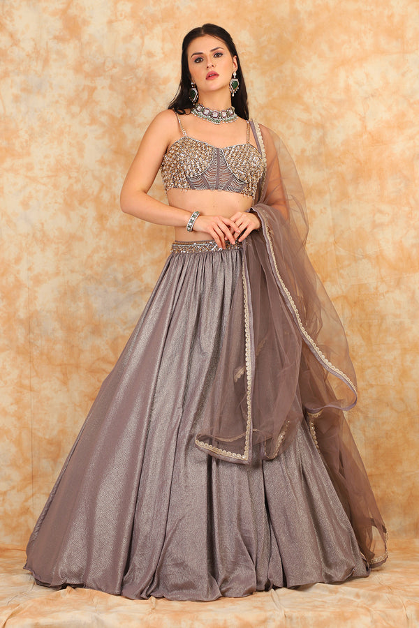 Grey embroidered top with lehenga