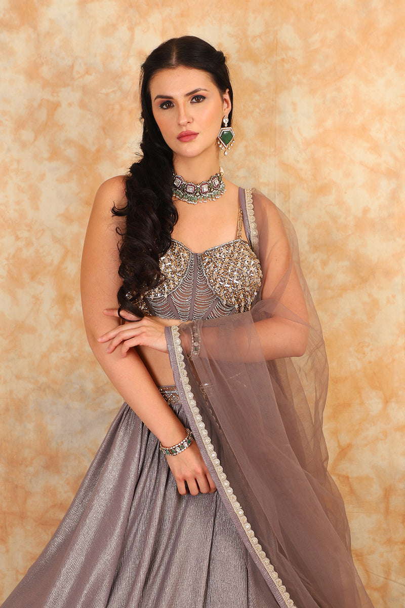 Grey embroidered top with lehenga