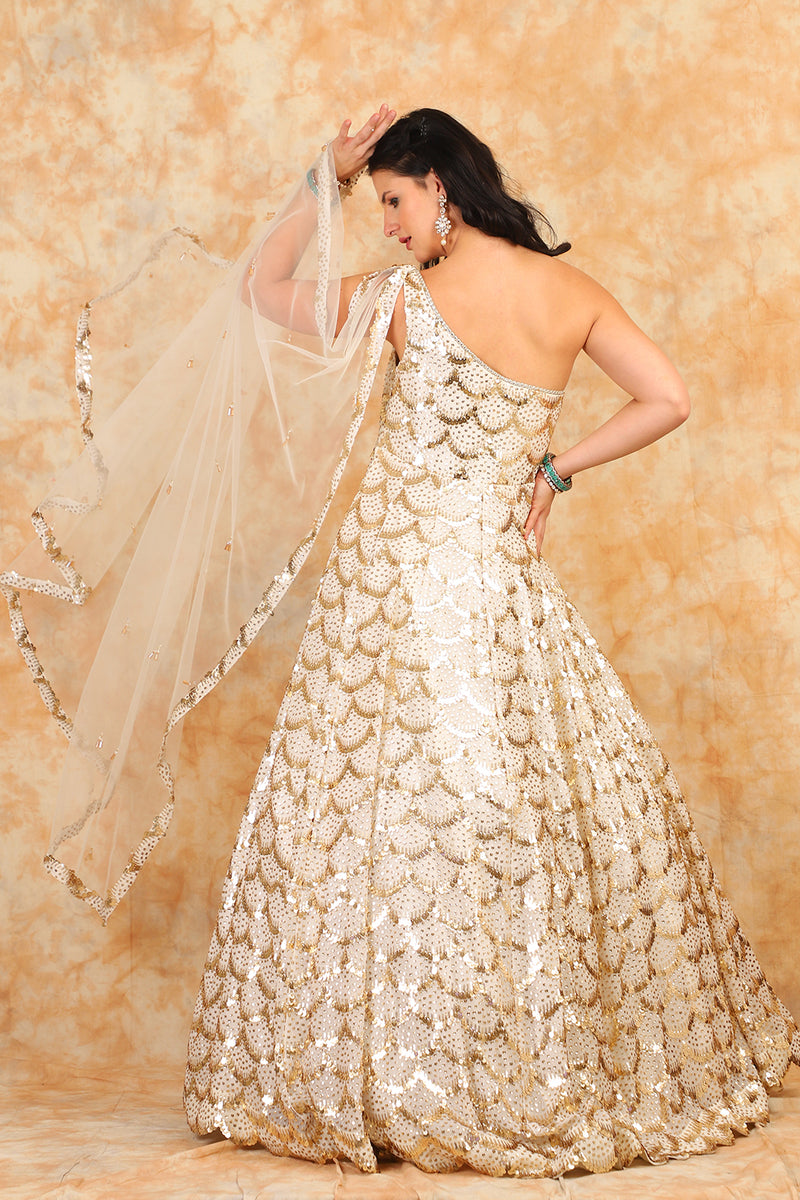 Elegant white embroidery Gown with drape