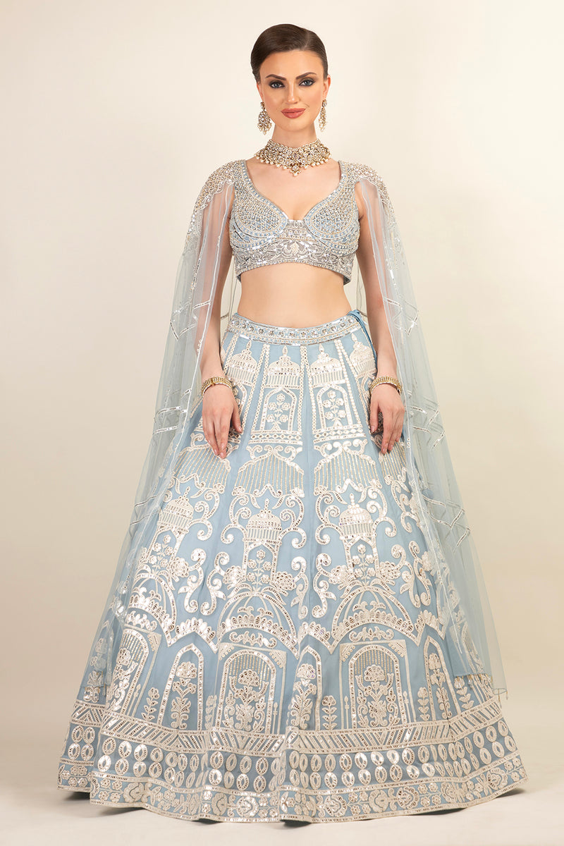 ICE BLUE LEHENGA WITH DRAPE TOP