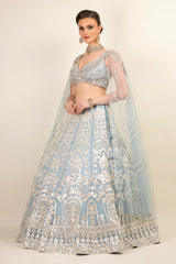 ICE BLUE LEHENGA WITH DRAPE TOP