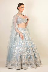 ICE BLUE LEHENGA WITH DRAPE TOP