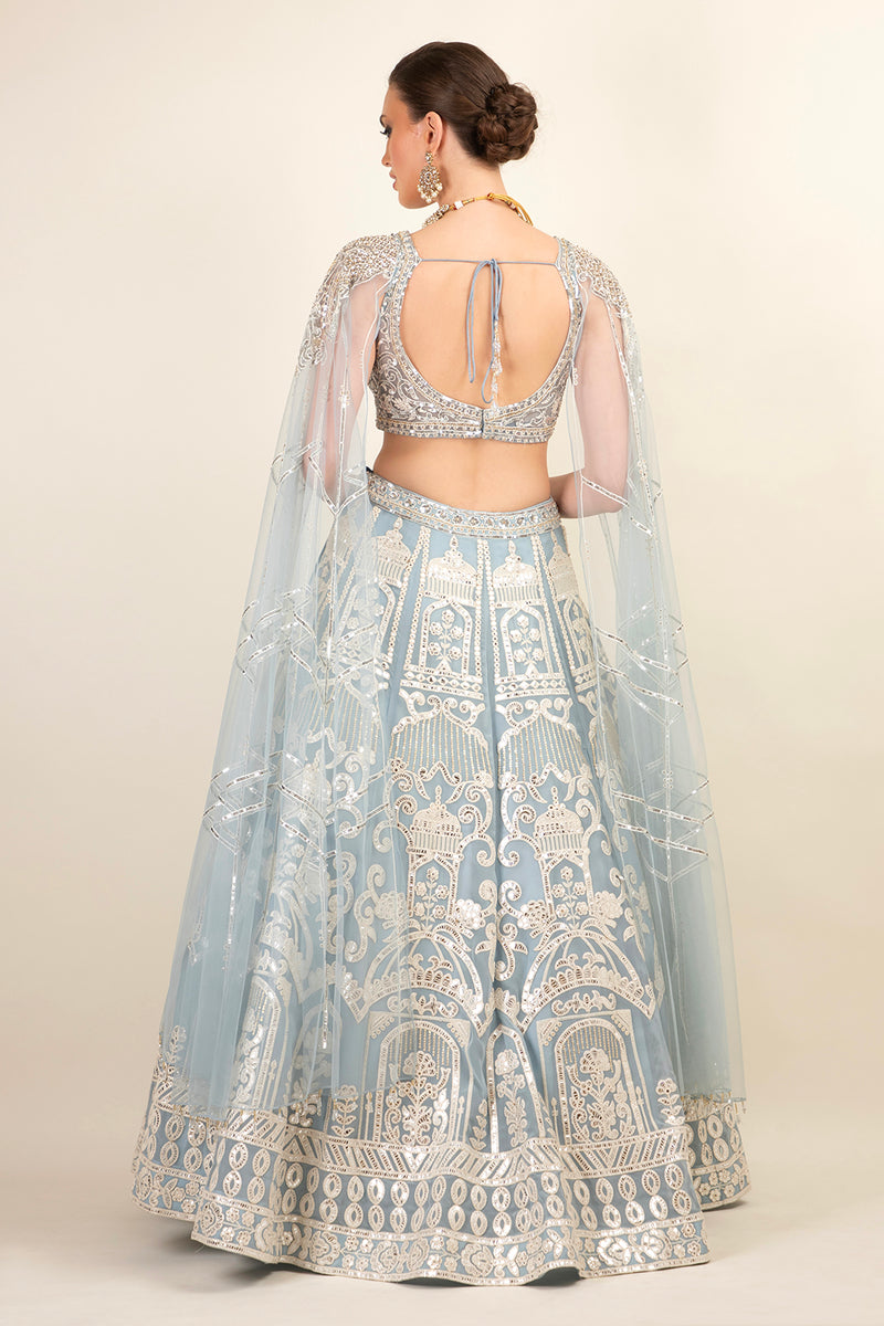 ICE BLUE LEHENGA WITH DRAPE TOP