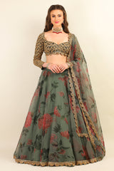 GREEN PRINTED ORGANZA SKIRT & DUPATTA