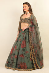 GREEN PRINTED ORGANZA SKIRT & DUPATTA