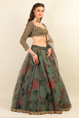 GREEN PRINTED ORGANZA SKIRT & DUPATTA