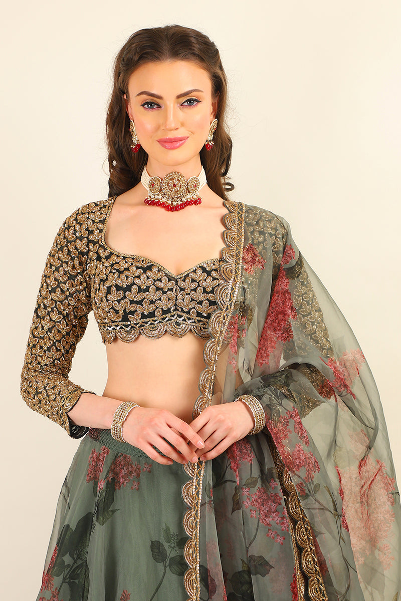 GREEN PRINTED ORGANZA SKIRT & DUPATTA