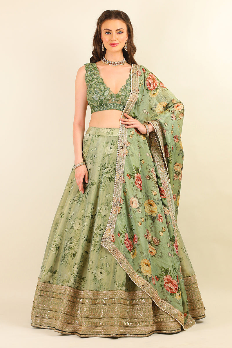 HAND EMBROIDERED TOP WITH PRINTED LEHENGA