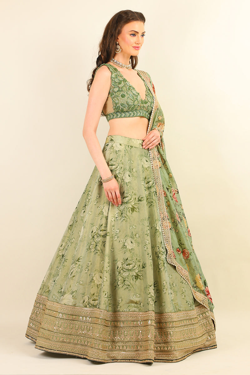 HAND EMBROIDERED TOP WITH PRINTED LEHENGA