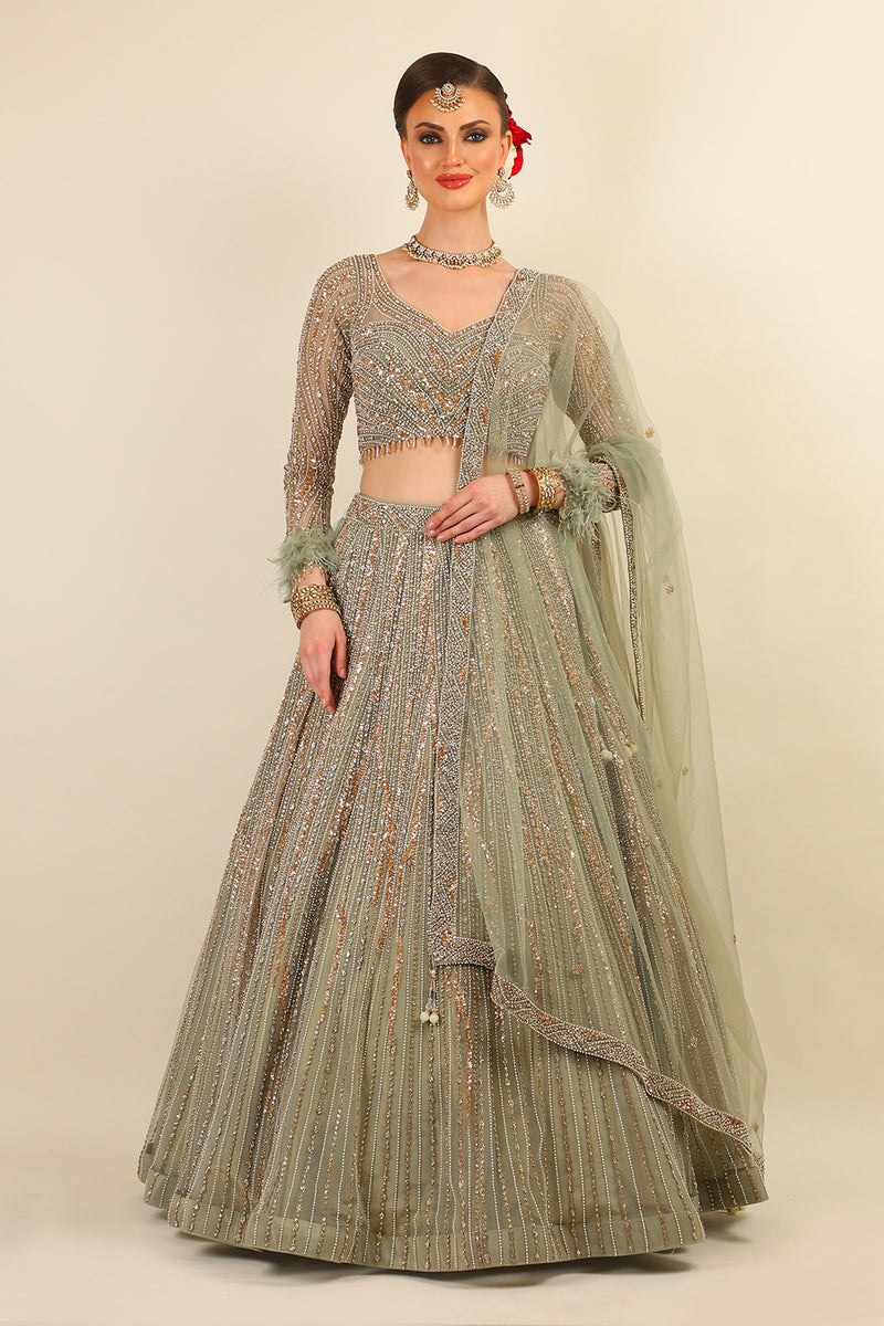 SAGE GREEN LEHENGA WITH FULL SLEEVES TOP