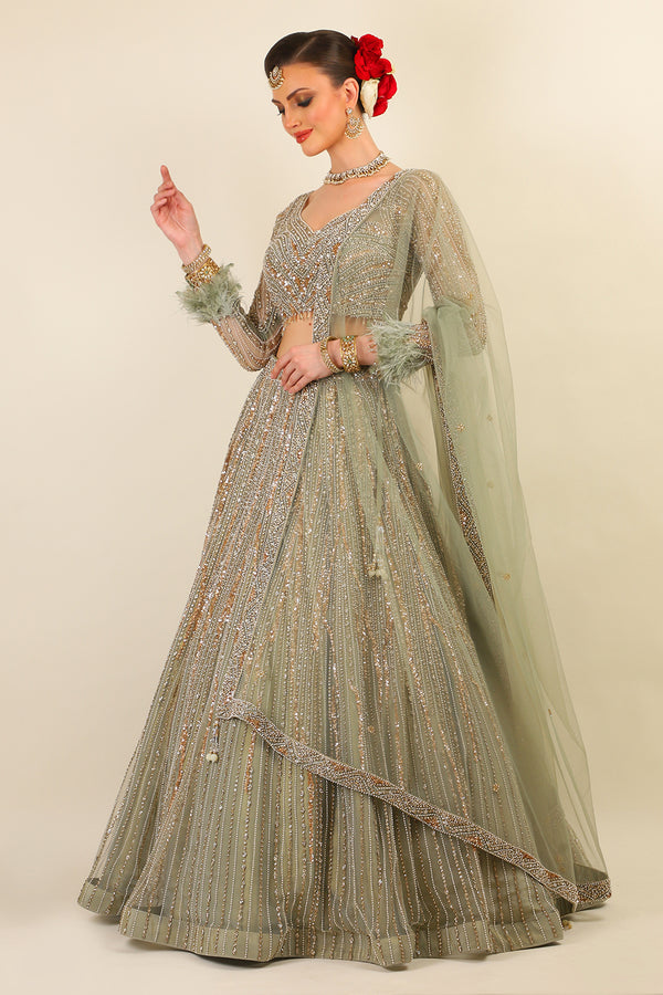 SAGE GREEN LEHENGA WITH FULL SLEEVES TOP