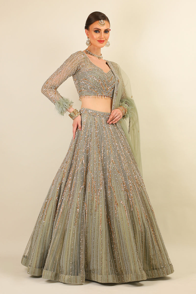 SAGE GREEN LEHENGA WITH FULL SLEEVES TOP