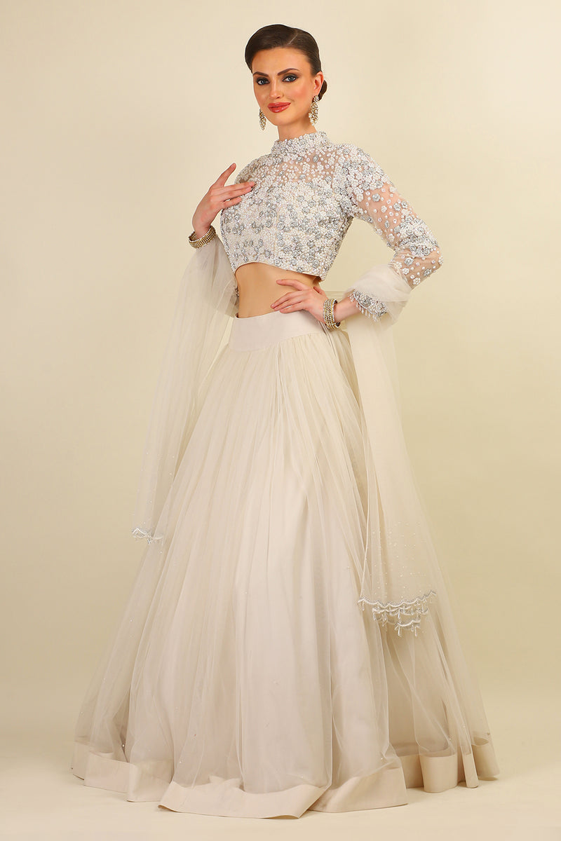 PEARL WORK TOP WITH PLAIN CHUNNAT SKIRT