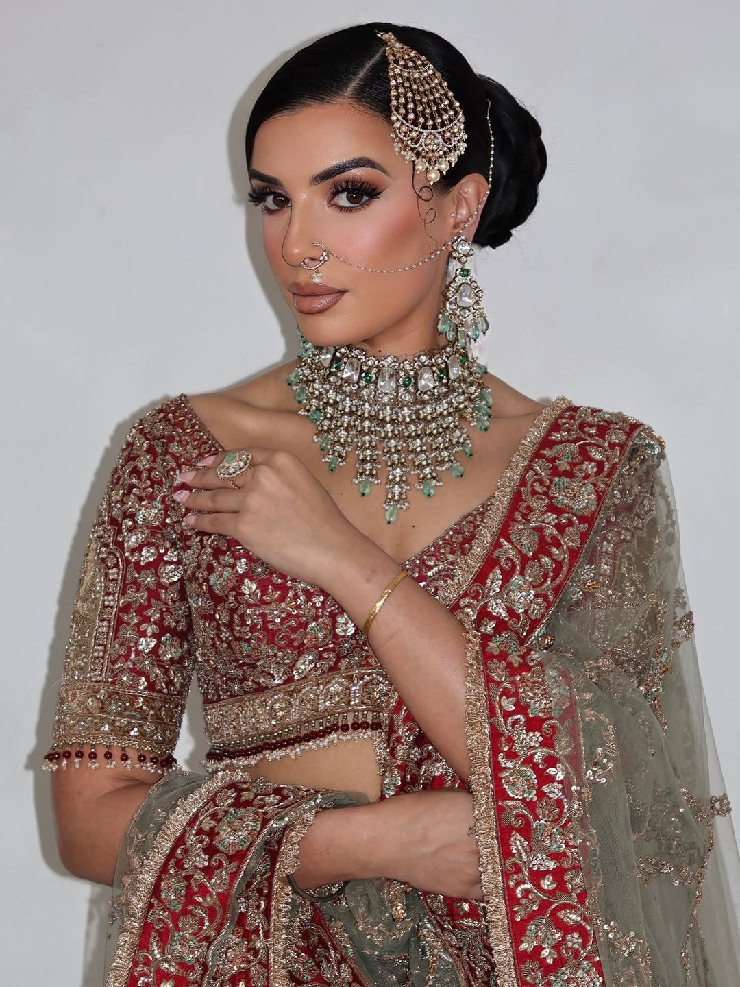 Red Bridal Lehenga Set paired with Olive green Dupatta