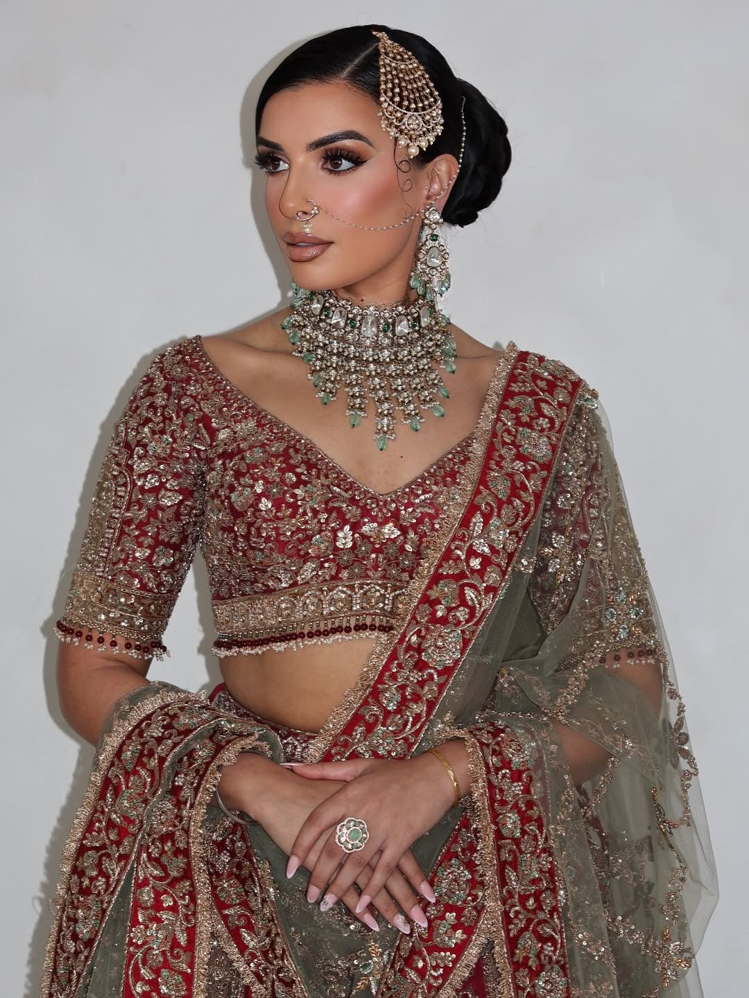 Red Bridal Lehenga Set paired with Olive green Dupatta