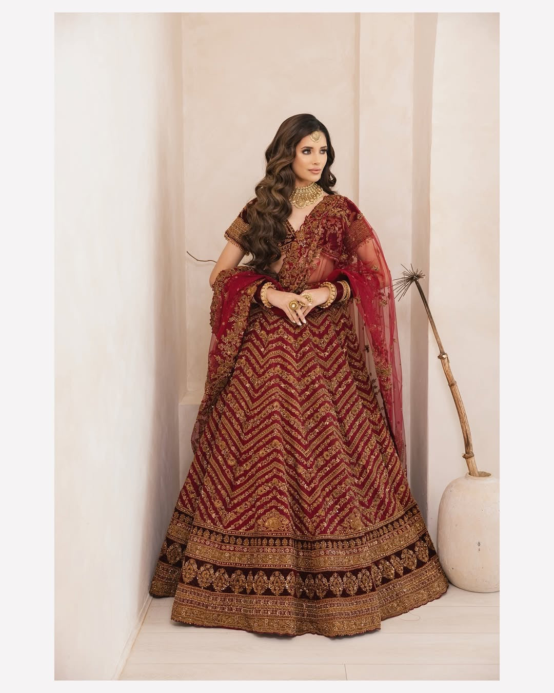 Maroon Regal Antique gold Hand-Embroidered Bridal Lehenga Set