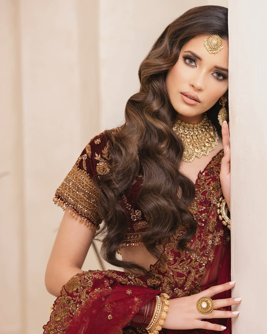 Maroon Regal Antique gold Hand-Embroidered Bridal Lehenga Set