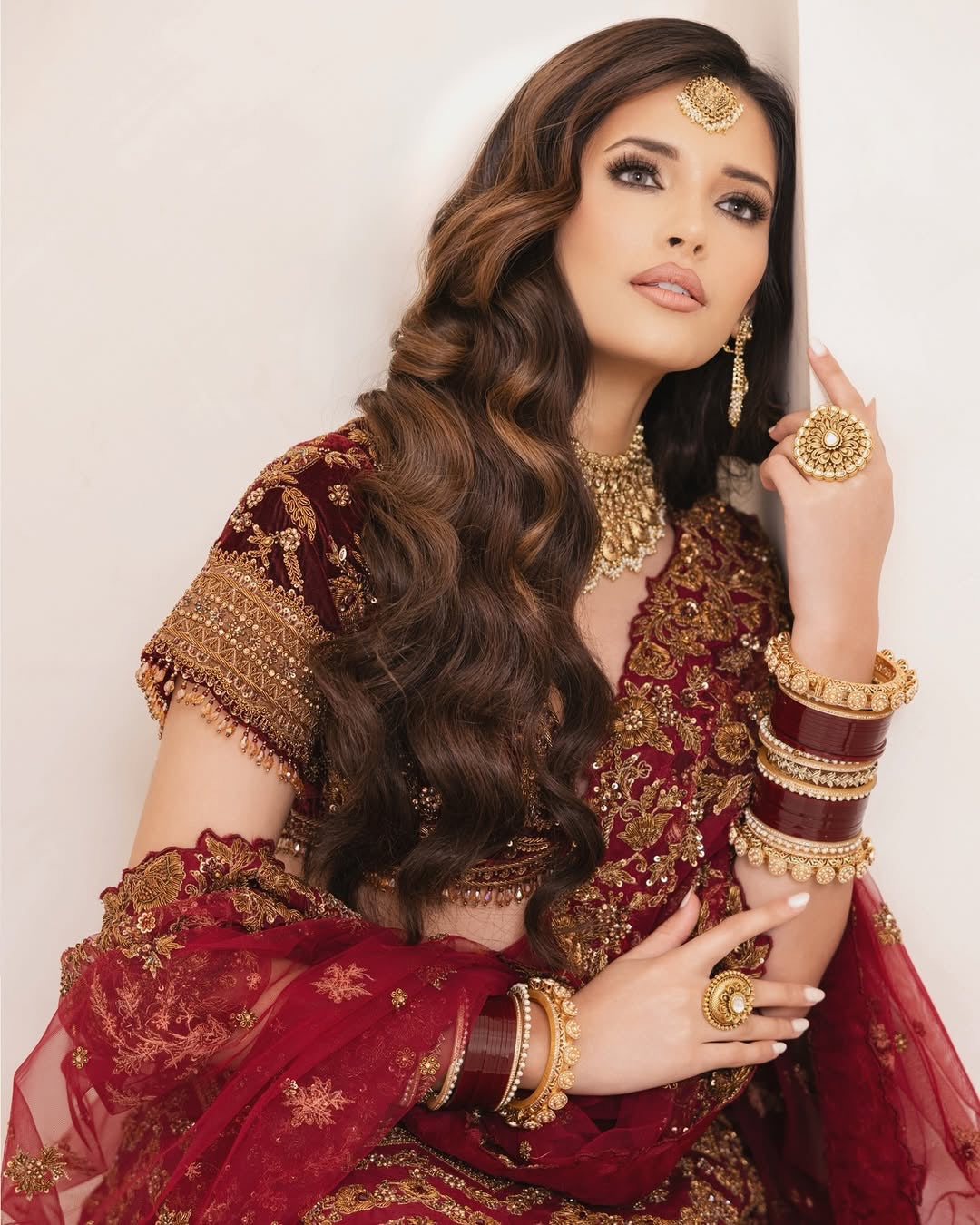 Maroon Regal Antique gold Hand-Embroidered Bridal Lehenga Set