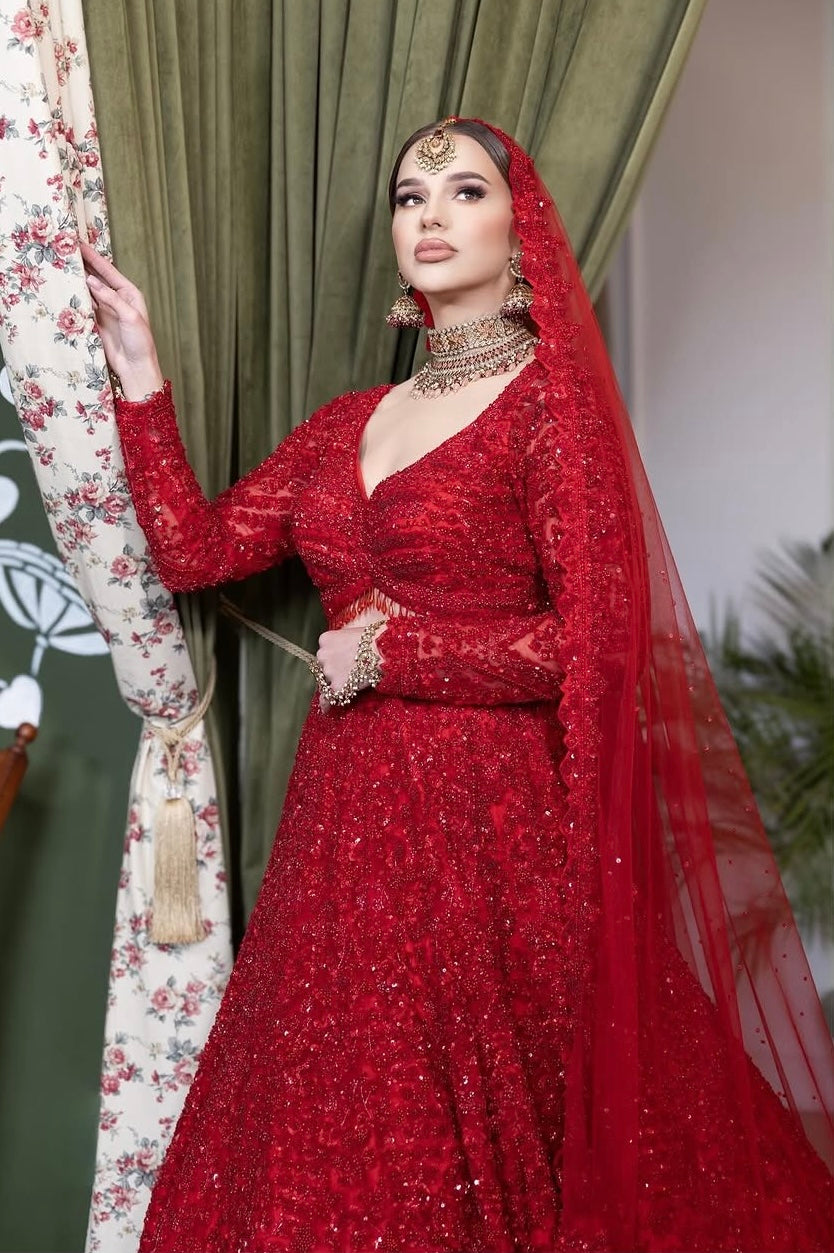 Scarlet Full-Sleeve Hand-Embellished Bridal Lehenga Set