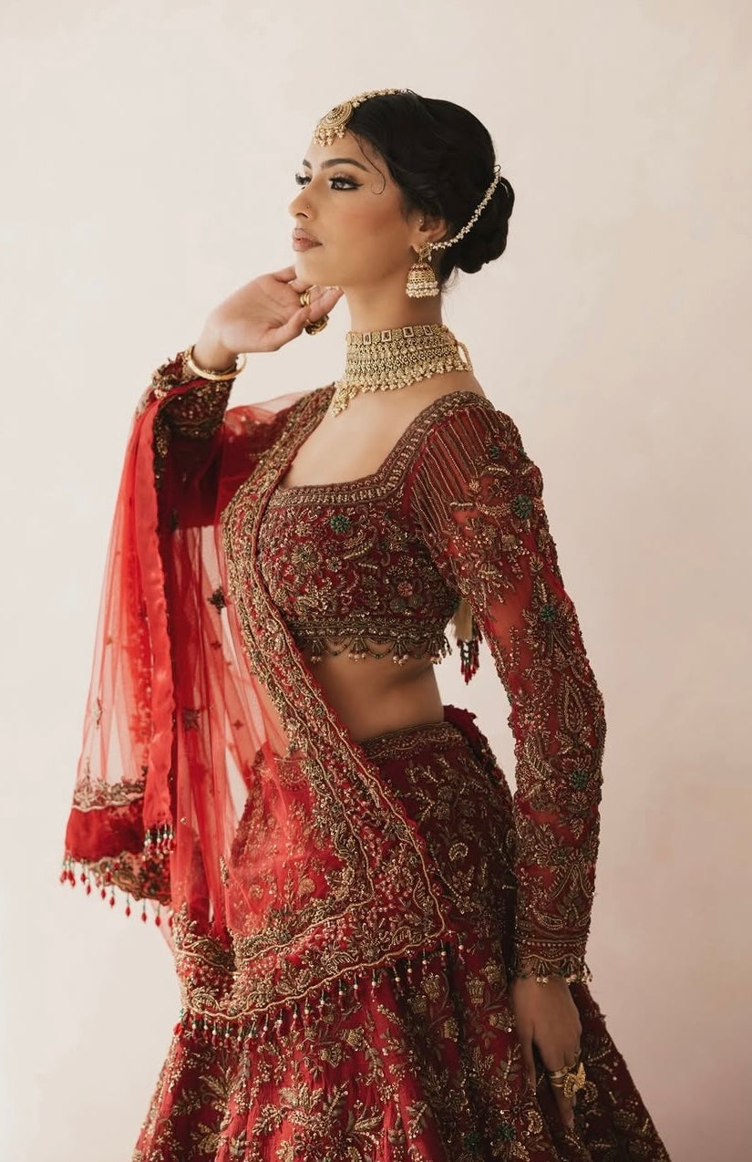 Regal Antique Full-Sleeve Hand-Embroidered Red Bridal Lehenga Set