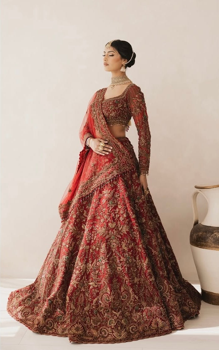 Regal Antique Full-Sleeve Hand-Embroidered Red Bridal Lehenga Set