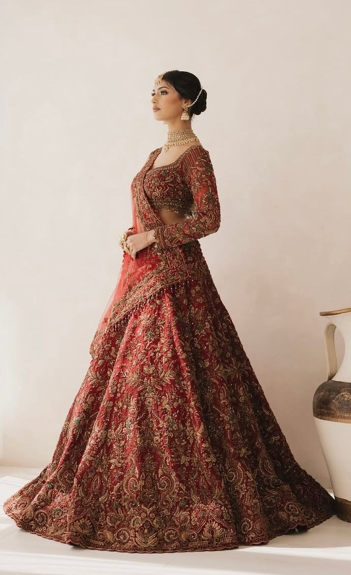 Regal Antique Full-Sleeve Hand-Embroidered Red Bridal Lehenga Set